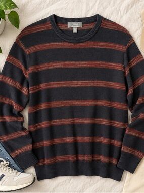 GRAY Saks Fifth Avenue Striped Knit Sweater XL Rust Navy Crewneck